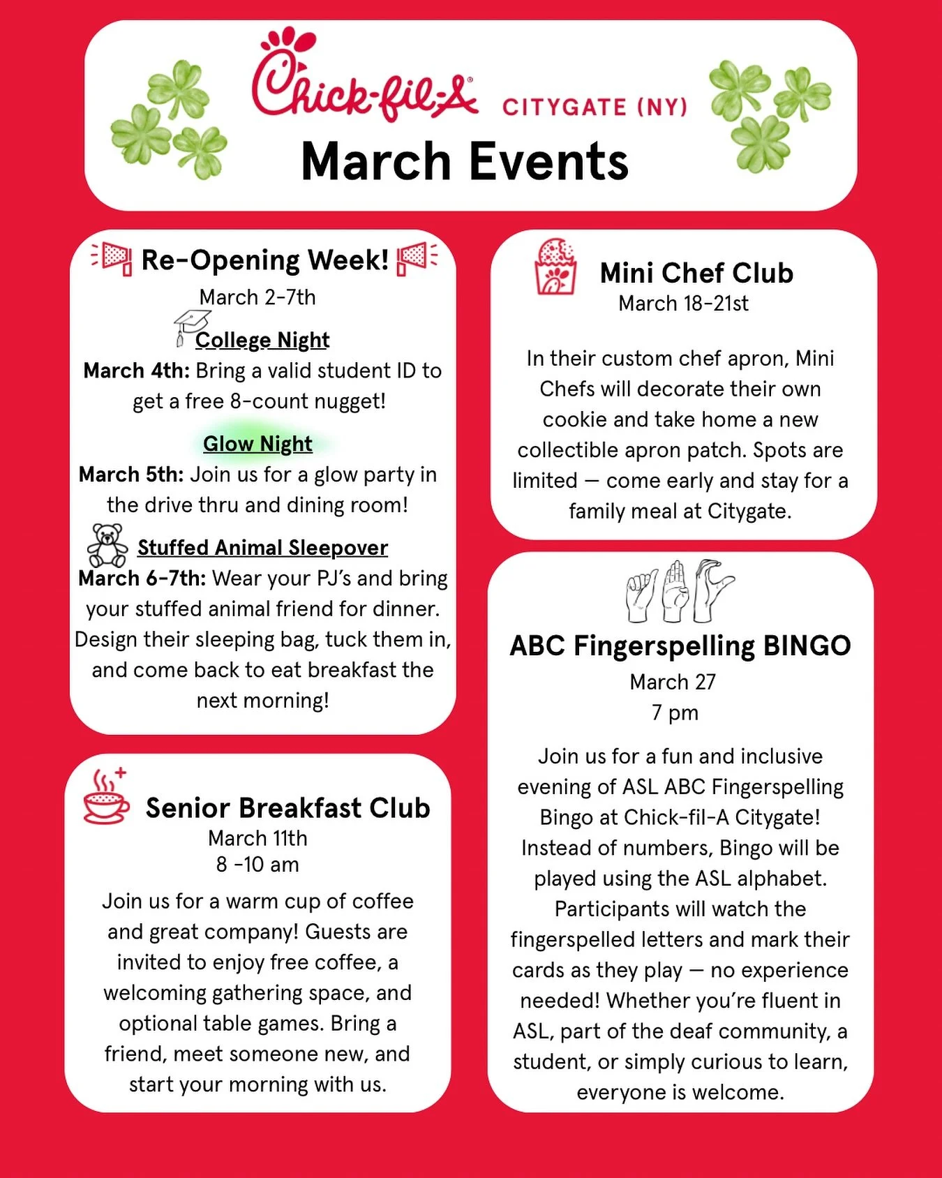 March is packed with JOY at Chick-fil-A Citygate! 🌟

We&rsquo;re celebrating our re-opening and bringing the community together all month long! 

🎉 Re-Opening Week (March 2&ndash;7)
🎓 College Night &ndash; March 4
✨ Glow Night &ndash; March 5
🧸 S