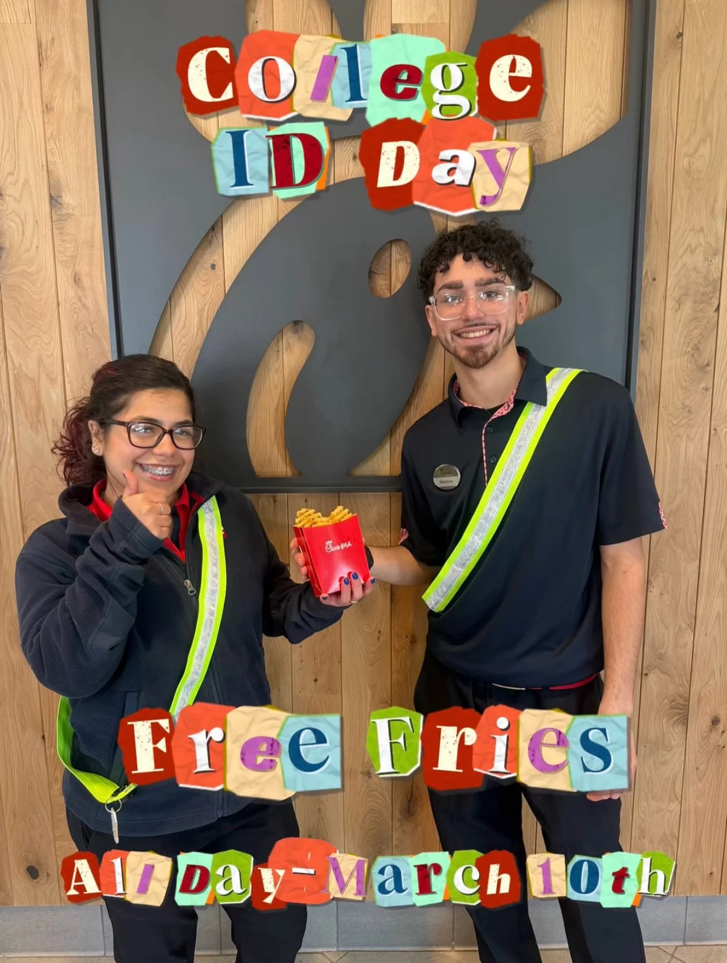 🎓 College ID Day = FREE FRIES 🍟
Show your college ID tomorrow (3/10) and your fries are on us!
Last week&rsquo;s turnout was incredible, so we&rsquo;re running it back.
Tag your friends, bring your roommates, and we&rsquo;ll see you soon!

Valid at