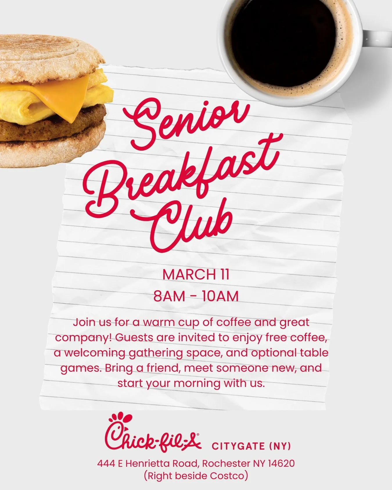 Tomorrow morning is our Senior Breakfast Club! Come join us for a morning shared with community 🥰☕️

#cfacitygate #cfa #breakfast #roc