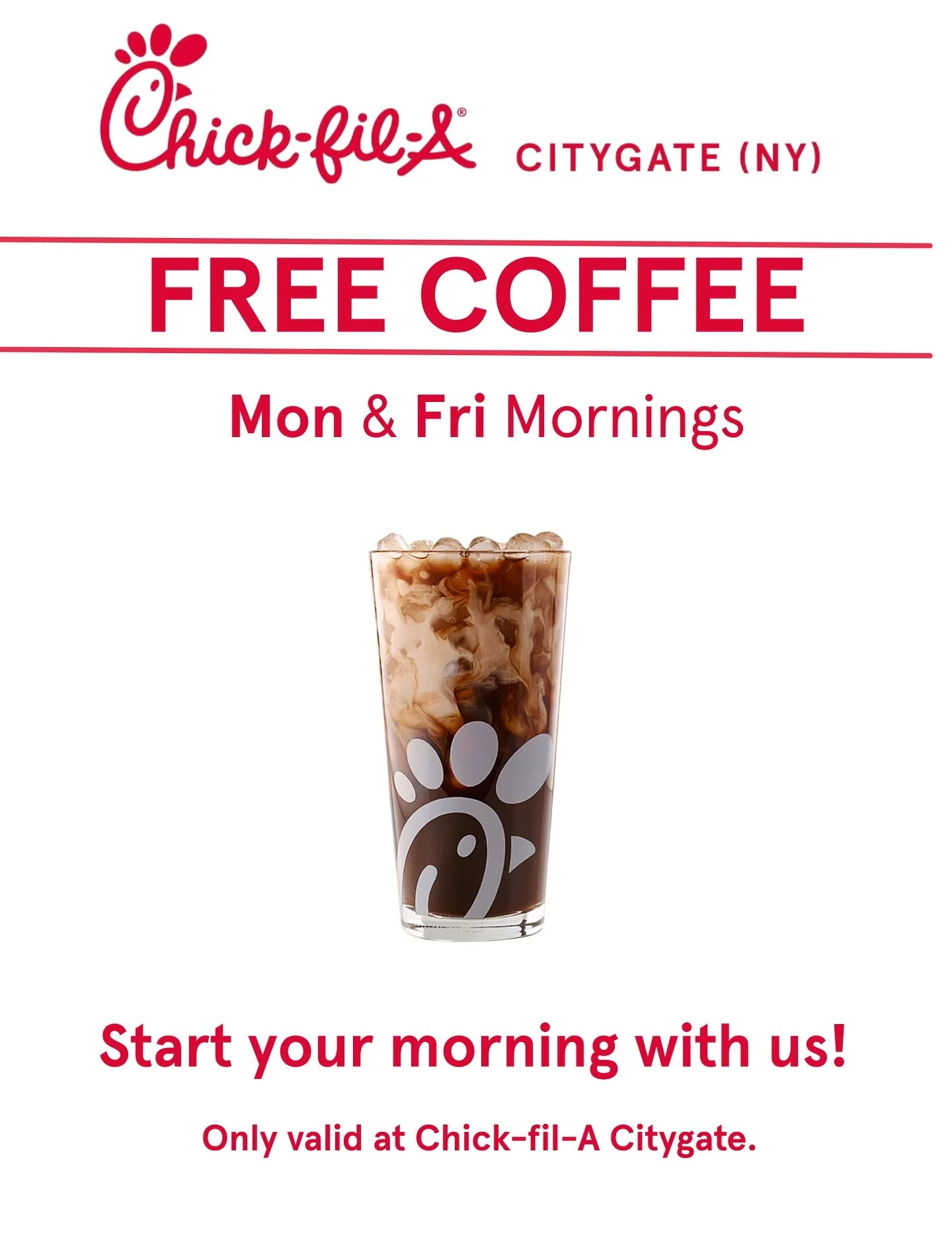 We&rsquo;re making weekdays better at Chick-fil-A Citygate 👇

☕ FREE Coffee (hot or iced):
Every Monday &amp; Friday Morning to make your morning brighter ☀️

🎓 Student ID Tuesdays:
You asked, we listened 👀

Due to the great response to Student ID