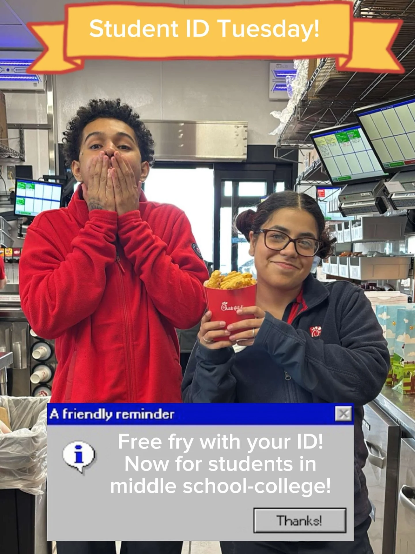 🚨 STUDENT ID TUESDAY 🚨
FREE fries this week 🍟

Middle school, high school, college &mdash; you&rsquo;re all in now 🙌
Show your ID. Bring your crew.

Only at Chick-fil-A Citygate! 

#cfacitygate #students #freefry #studentidtuesday #Rochester #ROC