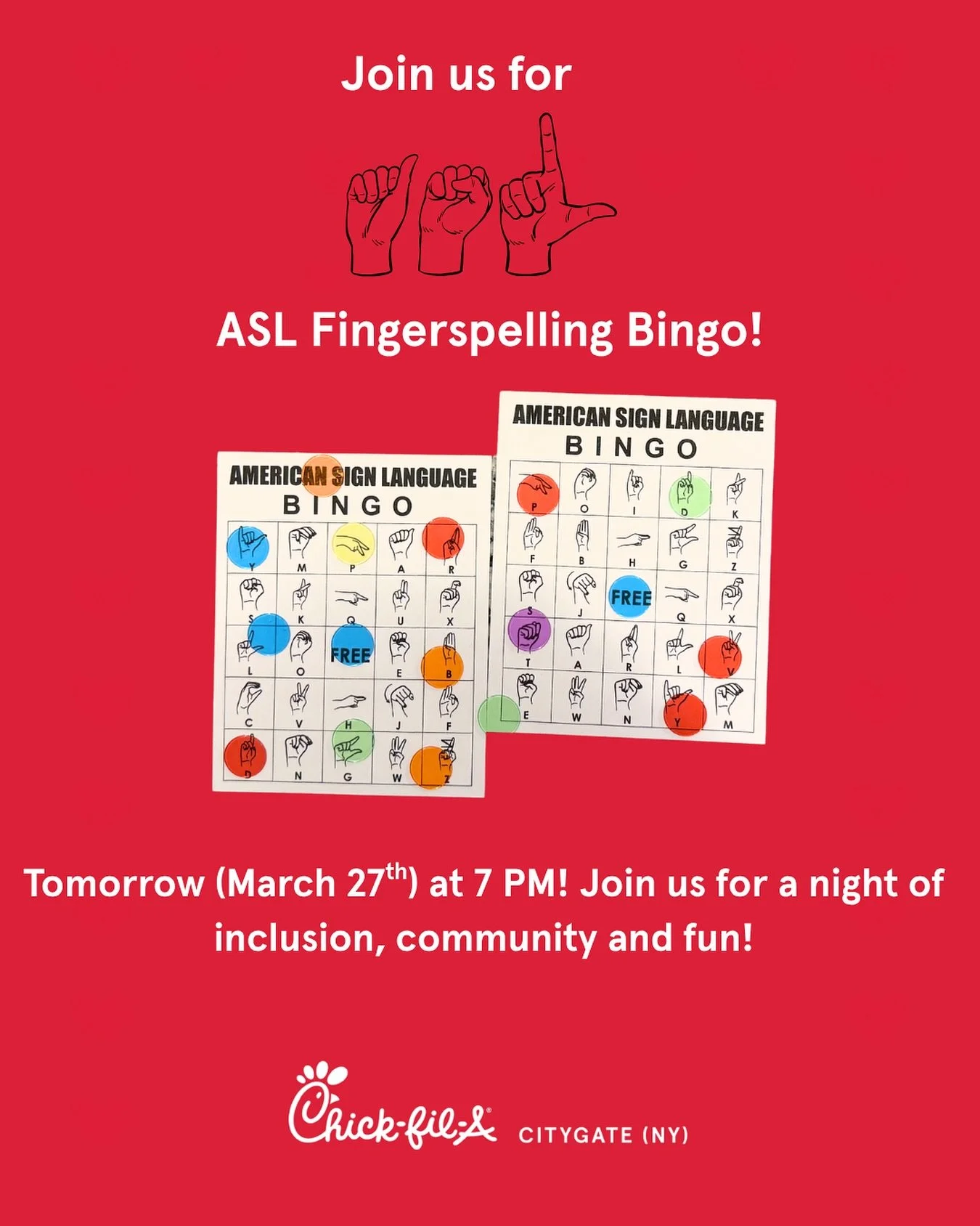 B-I-N-G-O&hellip; but make it ASL! 

Join us TOMORROW night for ASL Fingerspelling Bingo&mdash;a fun, interactive way to learn, play, and connect as a community! Whether you know ASL or you&rsquo;re just curious, this is for you.

Bring a friend, bri