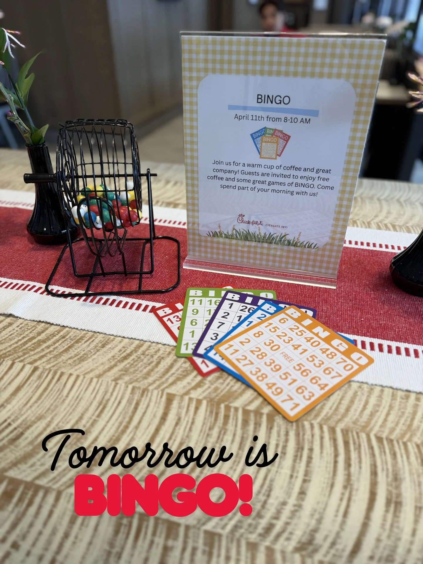 Join us tomorrow morning for BINGO! Coffee is on us 🥰  Tomorrow morning (April 11th) from 8-10 AM. 

#cfacitygate #cfa #bingo #ROC #Rochesterny #Rochester #events