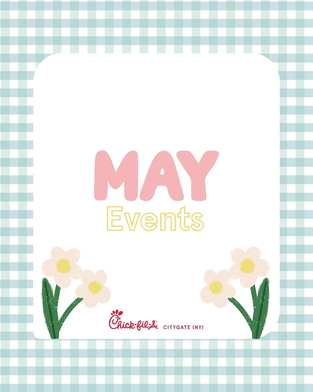 🌼 May at Chick-fil-A Citygate 🌼

We&rsquo;re filling this month with fun ways to connect, play, and make memories together 💛

🌸 Made for Mom (May 8&ndash;9)
☕️BINGO Morning (May 9)
👩&zwj;🍳 Mini Chef Club (May 13, 15, 16)
🛝Community Play Date (