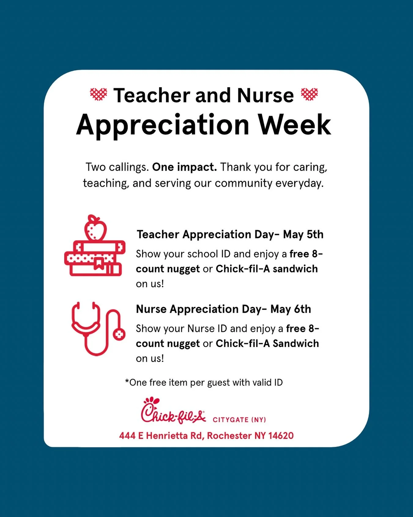 💙 Teacher &amp; Nurse Appreciation Week 💙
Two callings. One impact.

To the teachers shaping minds and the nurses caring for hearts&mdash;thank you for all you do, every single day.

Stop by May 5th and May 6th to enjoy a free 8-count nugget or Chi
