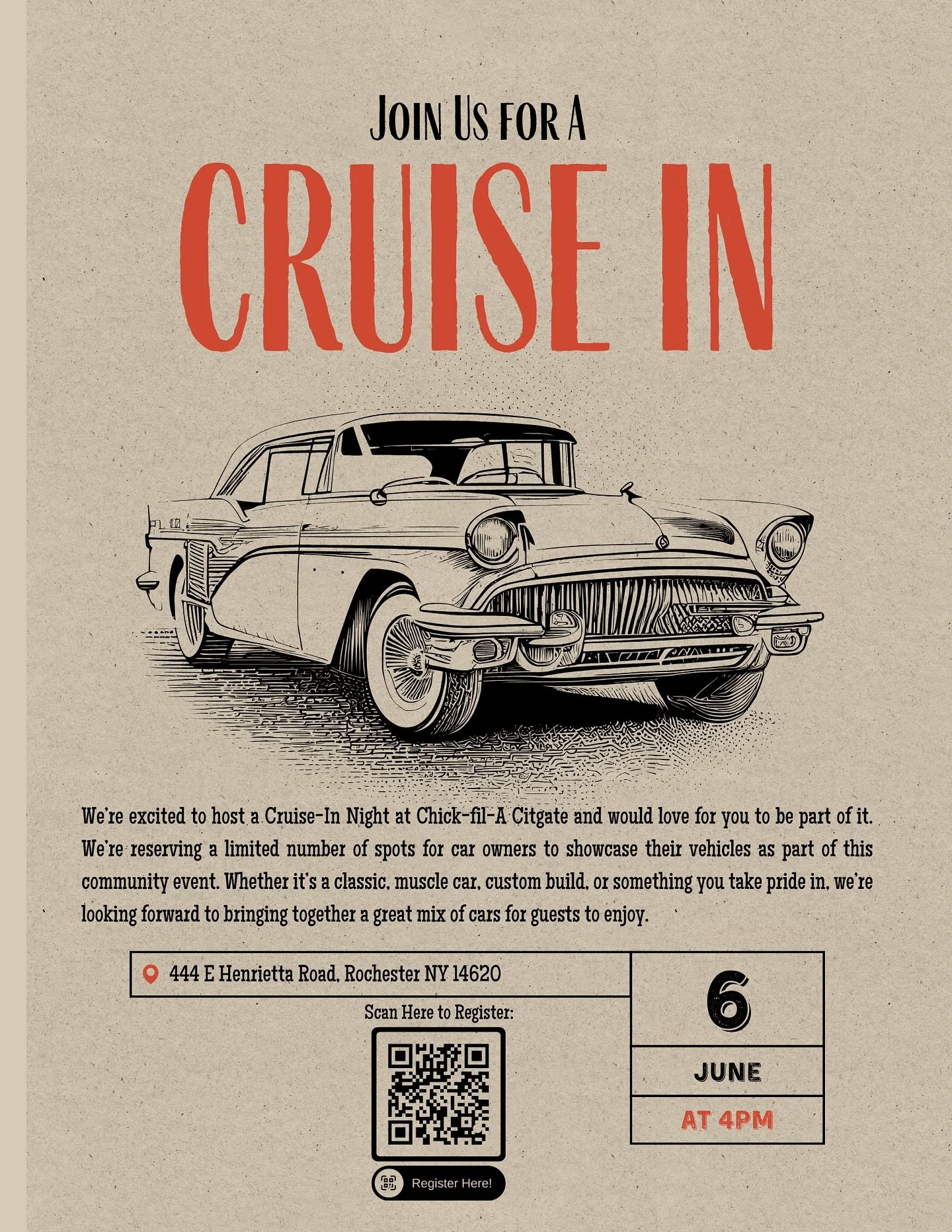 Calling all car lovers 🚗🔥

We&rsquo;re gearing up for our first Cruise-In Night at Chick-fil-A Citygate and are looking for awesome vehicles to showcase! Classics, muscle cars, sports cars, custom builds, imports, trucks &mdash; if it&rsquo;s somet