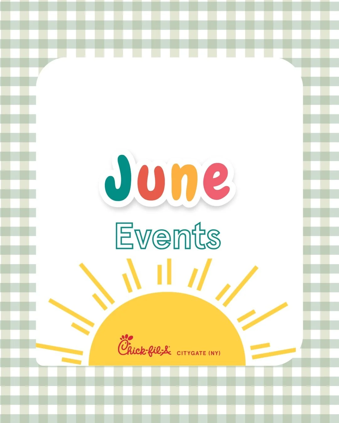 ☀️ June is packed with fun at Chick-fil-A Citygate! ☀️
From BINGO mornings and Mini Chef Club to a special Father&rsquo;s Day celebration and Game Night with friends &amp; family &mdash; we can&rsquo;t wait to make memories with you this month ❤️

#C