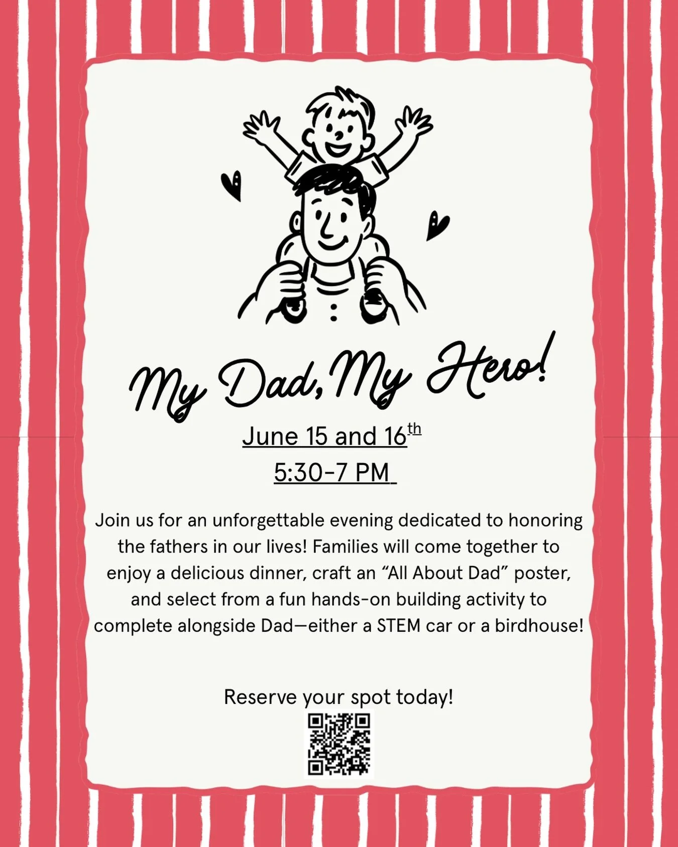 ❤️ My Dad, My Hero ❤️
Join us as we celebrate the dads and father figures who make life so special! Enjoy dinner together, create an &ldquo;All About Dad&rdquo; poster, and build a STEM car or birdhouse side-by-side. 🛠️🚗🏠

📅 June 15 &amp; 16
⏰ 5:
