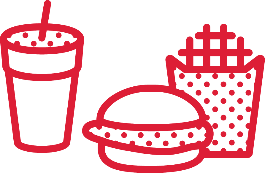 Line art drawing of a soft drink in a cup with a straw, a cheeseburger, and a container of French fries.
