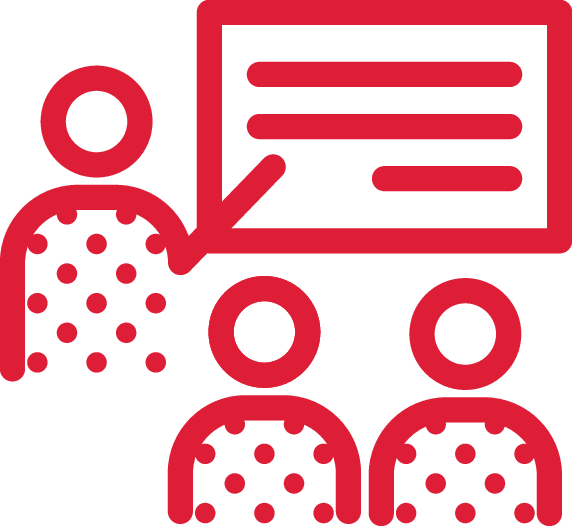 Icon of a person pointing at a presentation board with two figures seated in front of it.