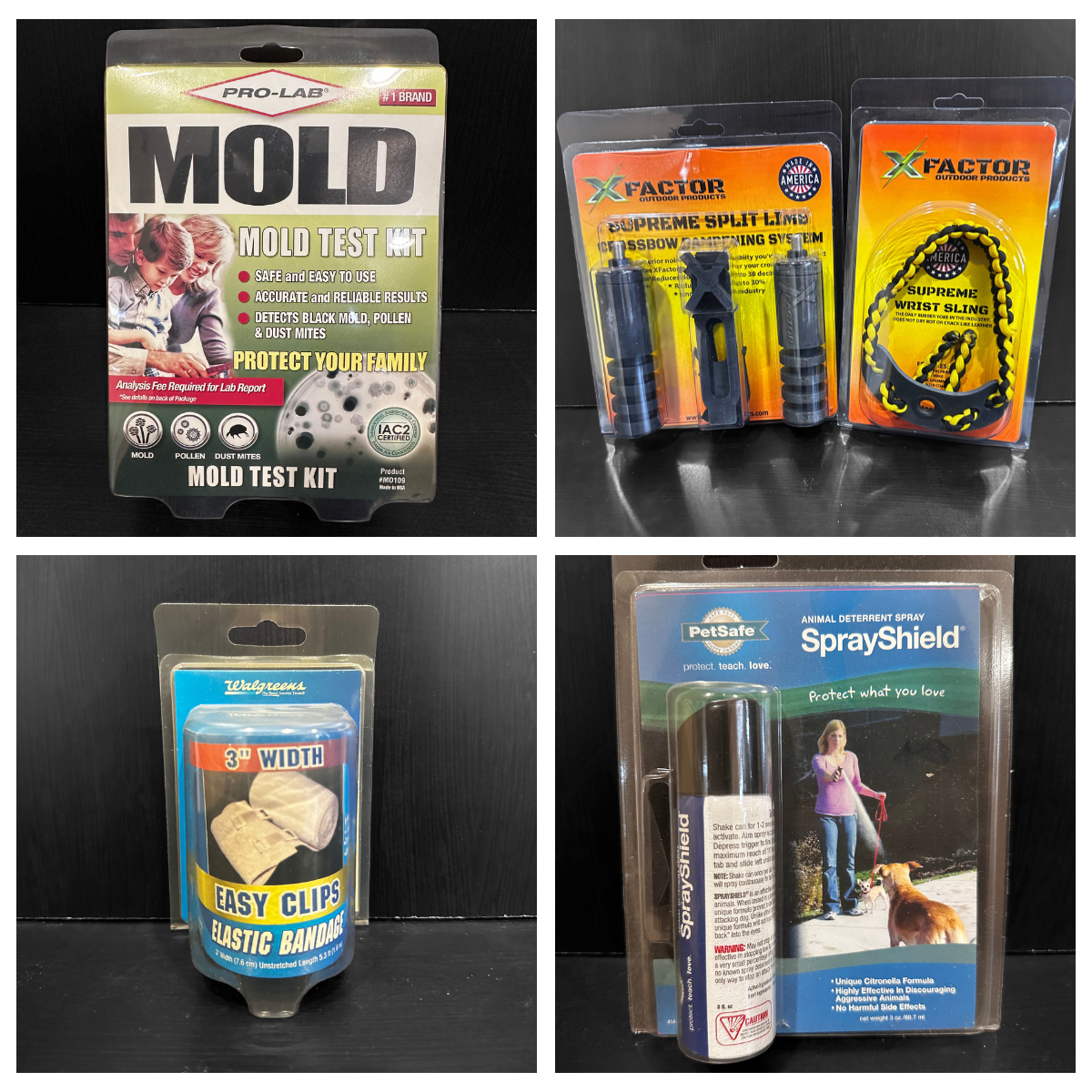 Collage of four pet-related products: a mold test kit, a supreme split limb crossbow damping system, a set of easy clip elastic bandages, and a spray shield animal deterrent spray.