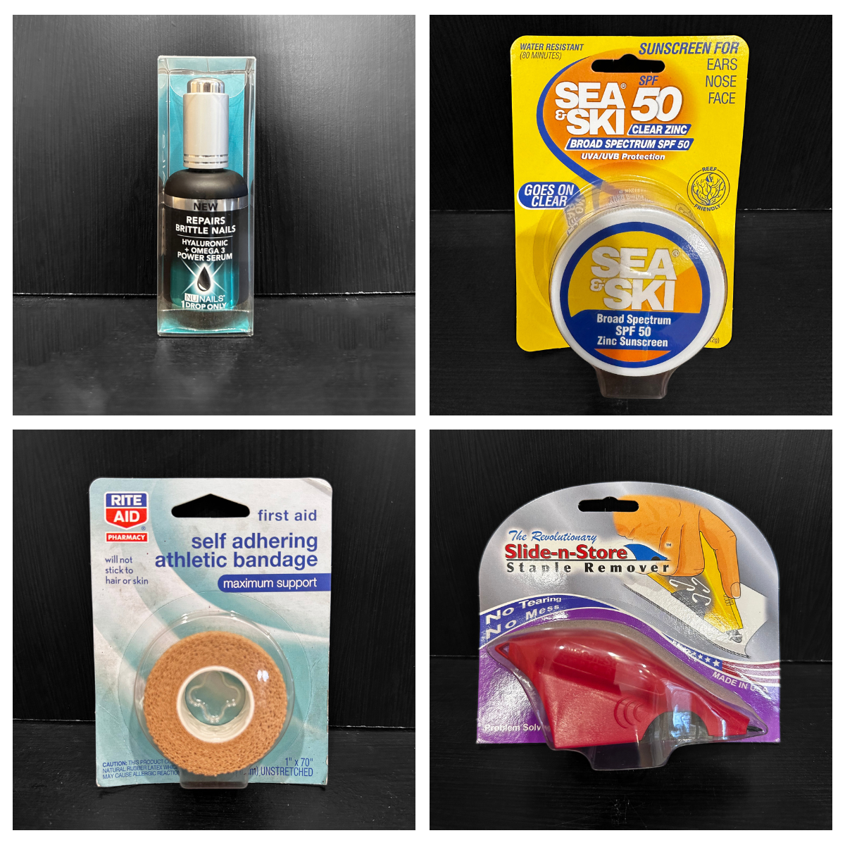 Collage of four products: a nail repair serum, a waterproof sunscreen, a self-adhering athletic bandage, and a slide-n-store tape dispenser.