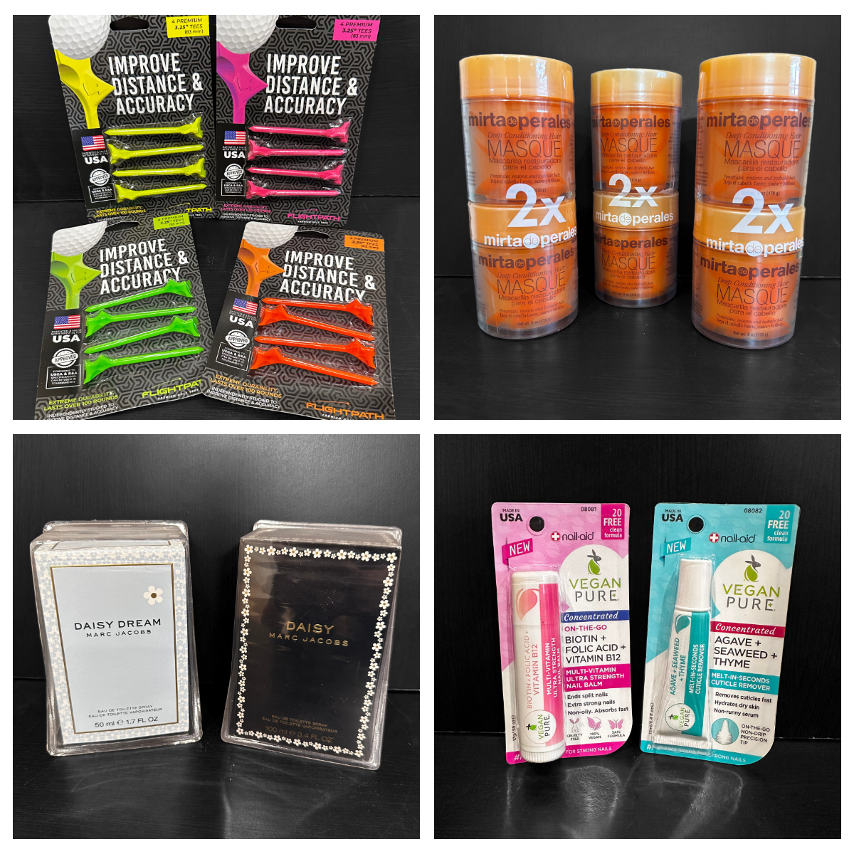 Set of four packages of bike tire plugs in yellow, pink, green, and orange, with the text 'Improve Distance & Accuracy'. Three containers of Mirta de Perales deep conditioning hair masks in orange jars labeled '2X'. Two boxes of Daisy Dream Eau de Toilette spray by Marc Jacobs. Two tubes of vegan nail balm and cuticle remover in pink and blue packaging labeled 'Vegan Pure'.