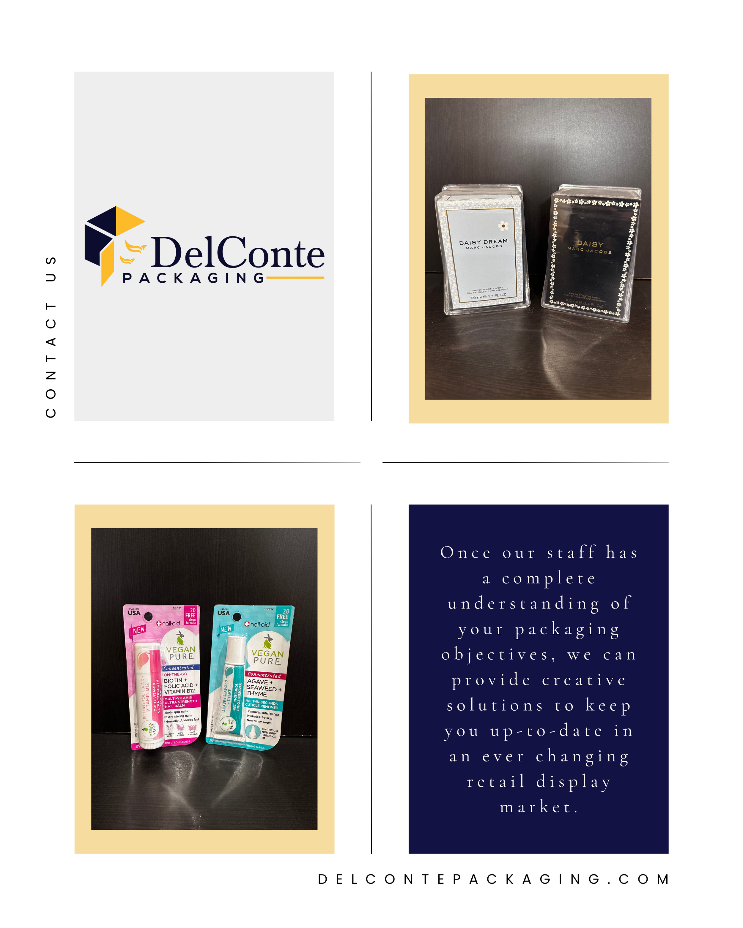 A promotional flyer for DelConte Packaging with a logo, images of perfume boxes and lip balm products, and a paragraph about packaging solutions, all on a white and navy blue background.