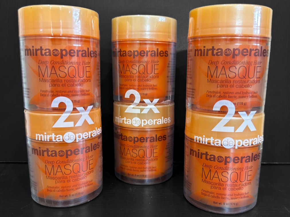 Three containers of Mirta de Perales deep conditioning hair mask, each with orange and tan labels, featuring the brand name and product description in Spanish and English.