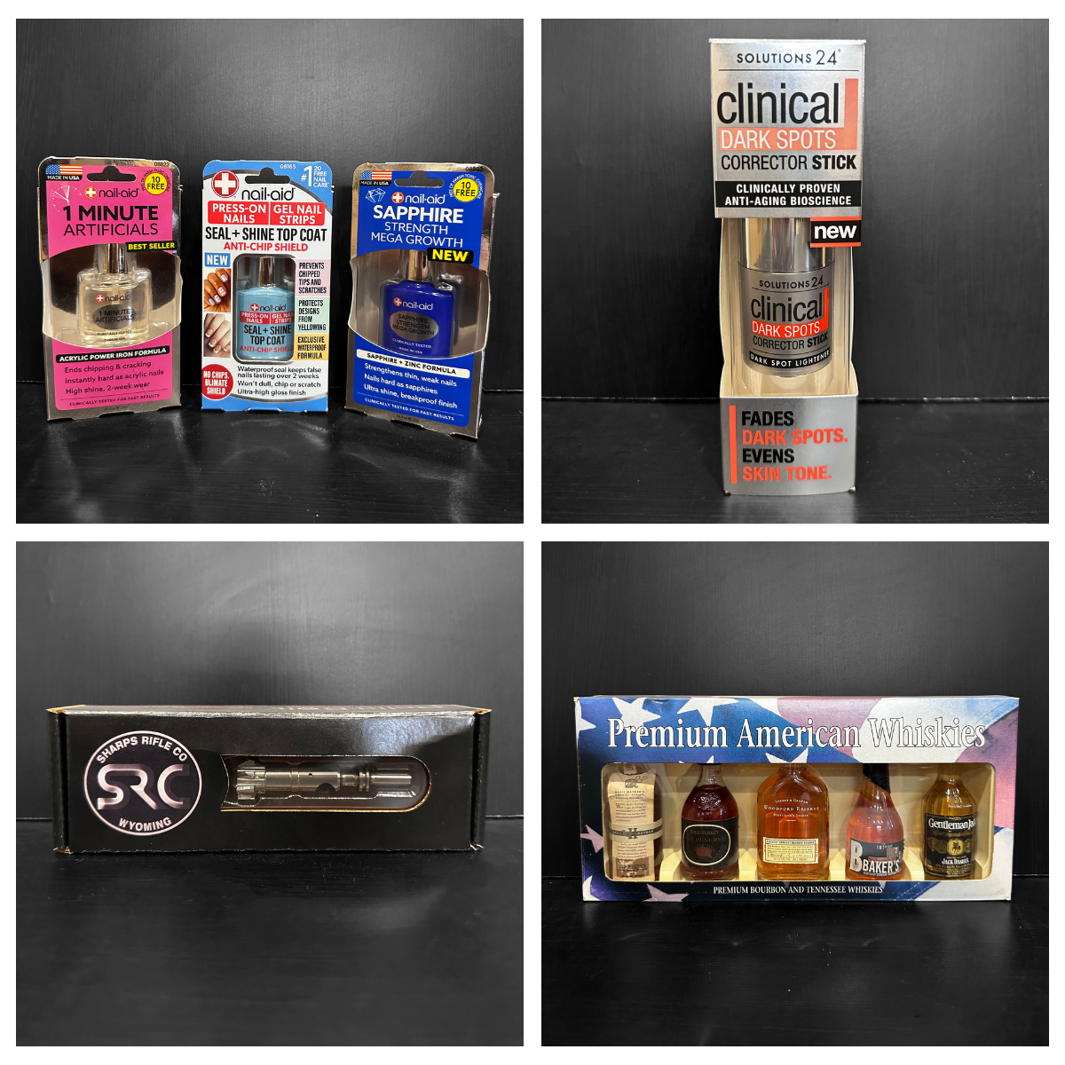 Collection of various personal care and beverage items, including nail polishes, a dark spots corrector stick, a firearm accessory, and bottles of whiskey.