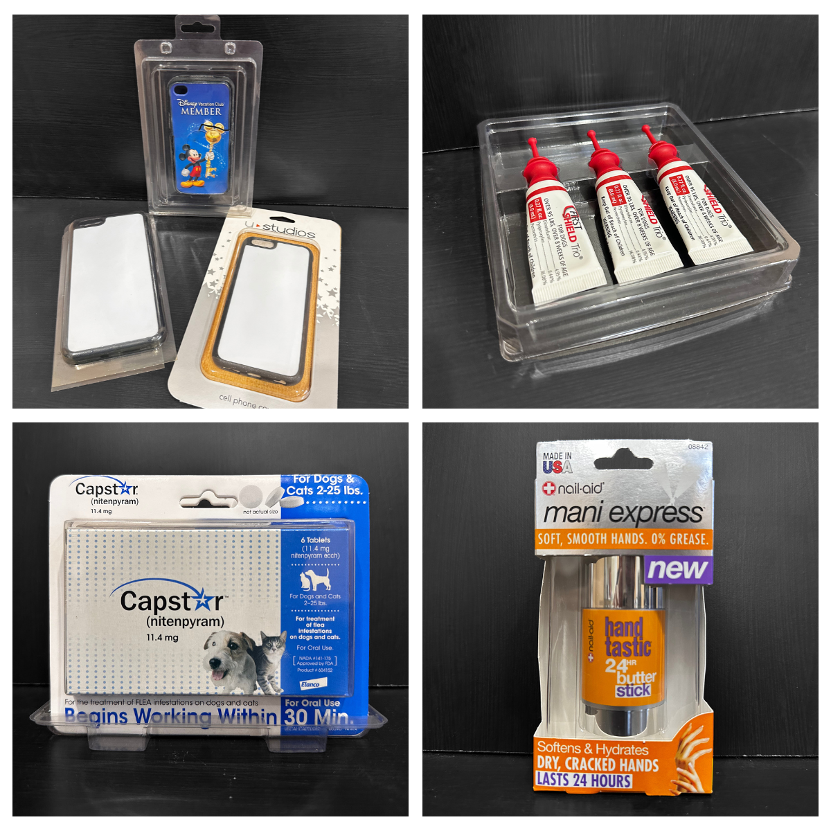 Collection of various everyday items including phone cases, tubes of glue, flea treatment tablets for pets, and hand cream.