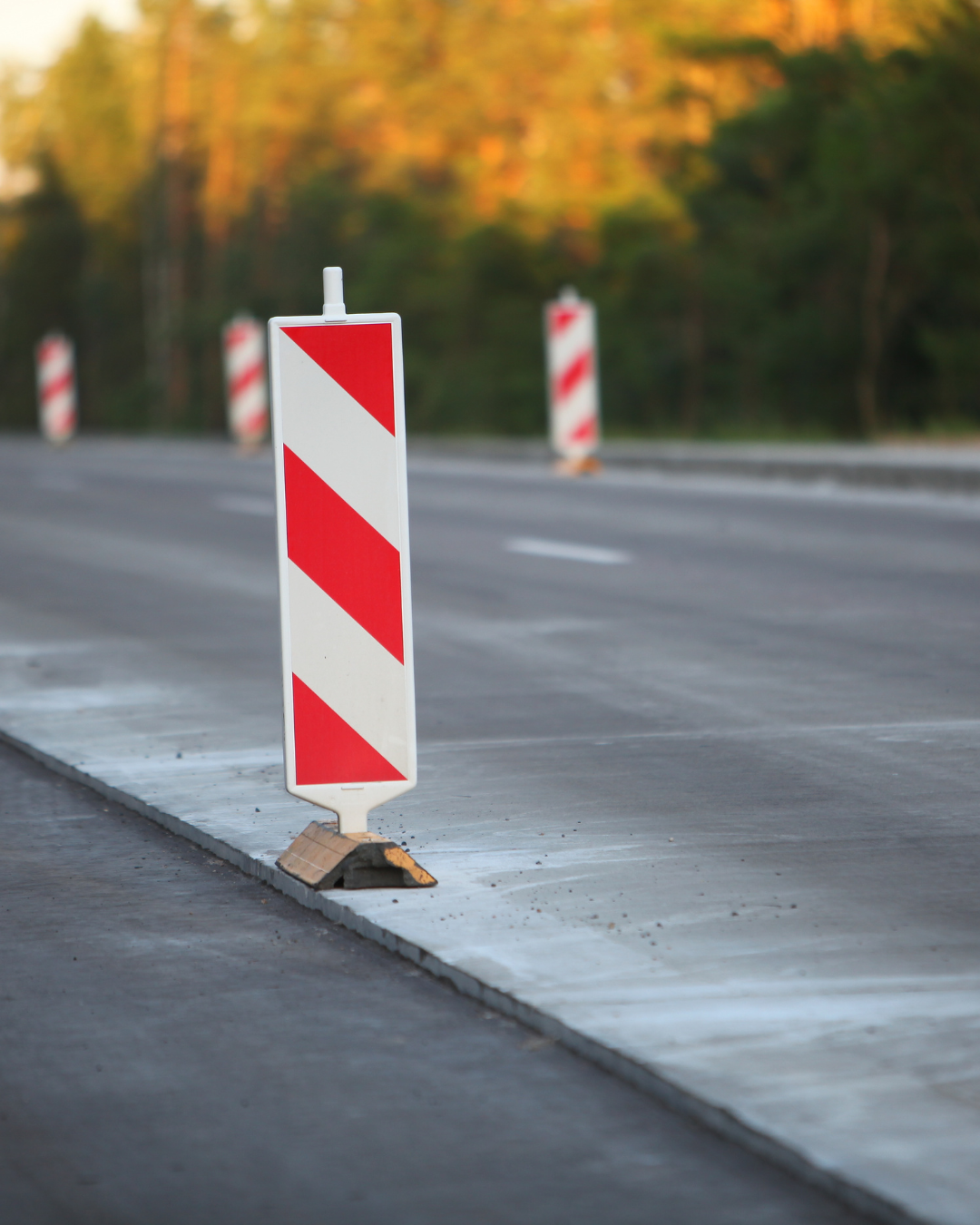 Verkehrsleitpfosten auf einer Straße, im Hintergrund Bäume mit herbstlicher Laubfärbung
