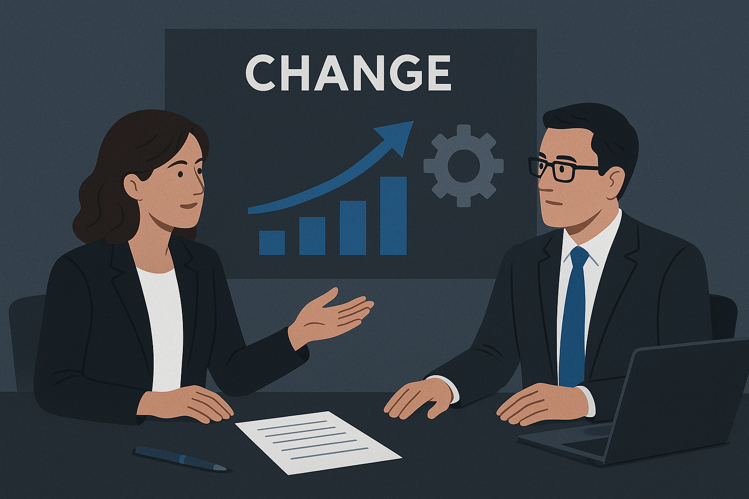 Two business professionals, a woman and a man, are sitting at a table in a meeting room. The woman is gesturing with her hand while speaking, and the man is listening with a serious expression. There is a paper and a pen on the table, and a laptop in front of the man. A presentation slide behind them shows the word 'CHANGE' with an upward trending graph and a gear icon, indicating a discussion about growth or transformation.