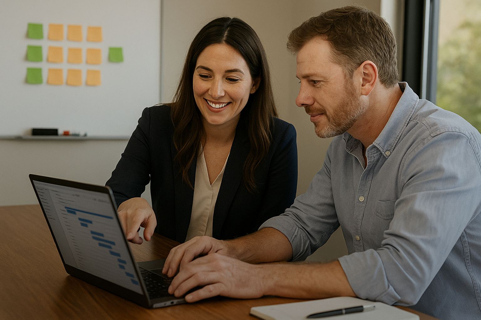 A woman and a man sitting at a table, looking at a laptop screen together, smiling and discussing work in a modern office.