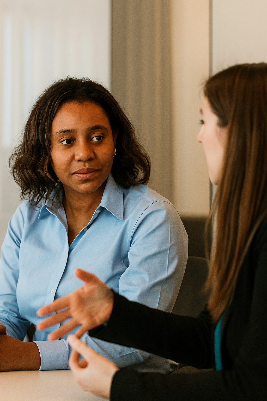 Two women engaged in a serious conversation indoors. One woman with shoulder-length dark hair and a light blue shirt listens attentively, while the other woman with long brown hair, wearing a black blazer, is speaking and gesturing with her hand.