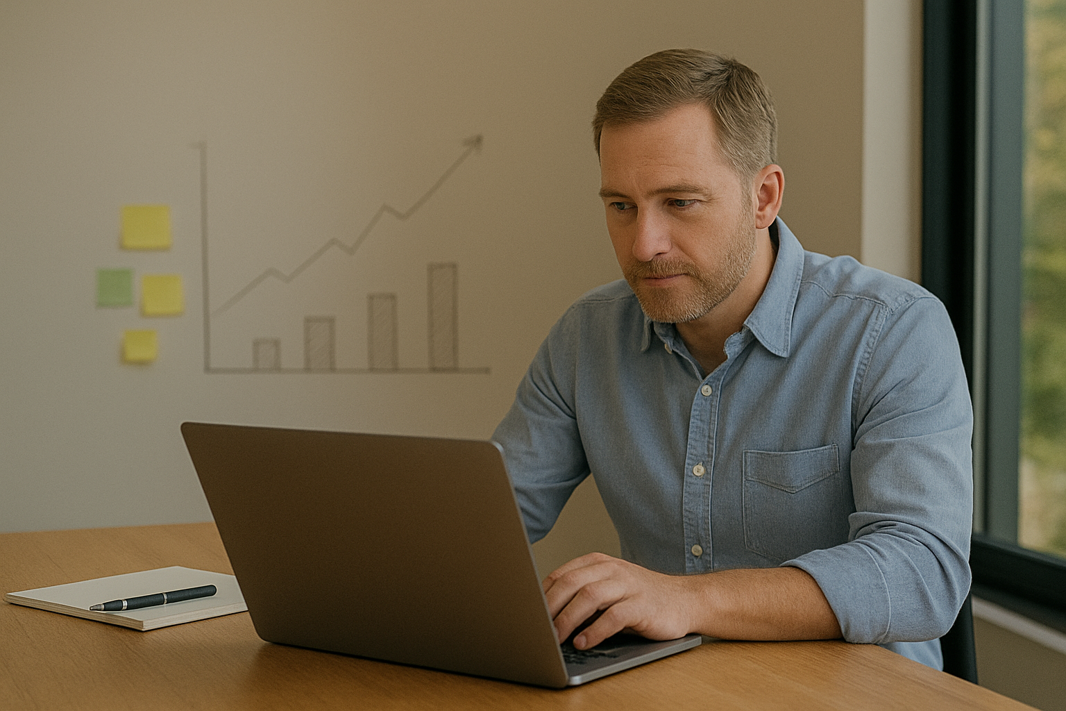 A man working on a laptop at a desk in an office, with a chart and sticky notes on the wall behind him.