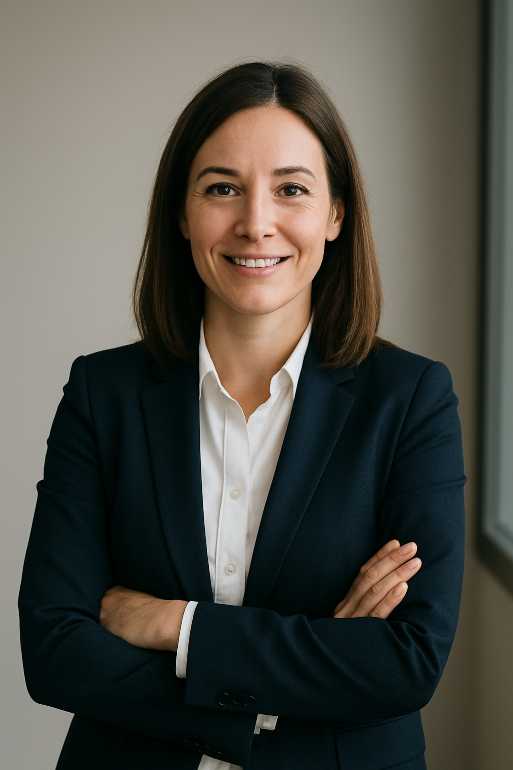 A professional woman with shoulder-length brown hair, wearing a navy blazer and white shirt, standing with arms crossed and smiling in a well-lit indoor setting.
