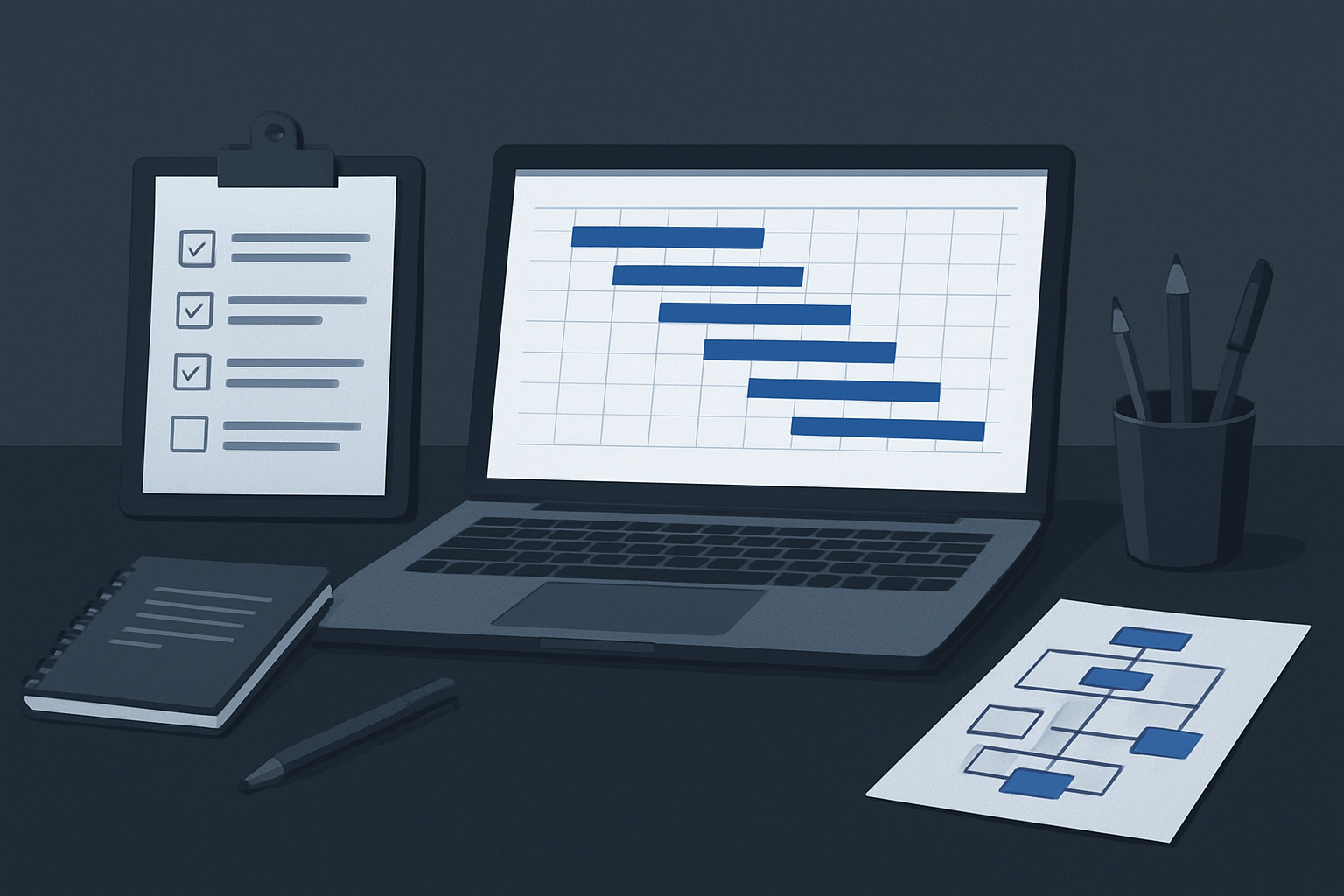 A workspace with a laptop displaying a Gantt chart, a clipboard with a checklist, a closed notebook, a pen, and a paper with a flowchart. There are also pens in a holder on the desk.