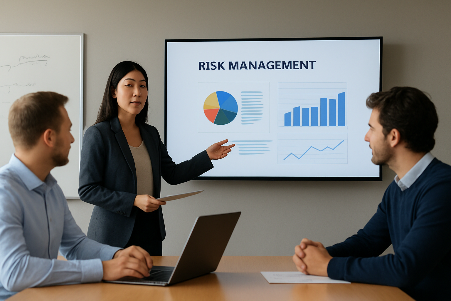 A businesswoman presenting a risk management chart with pie and bar graphs to two seated male colleagues in a meeting room.