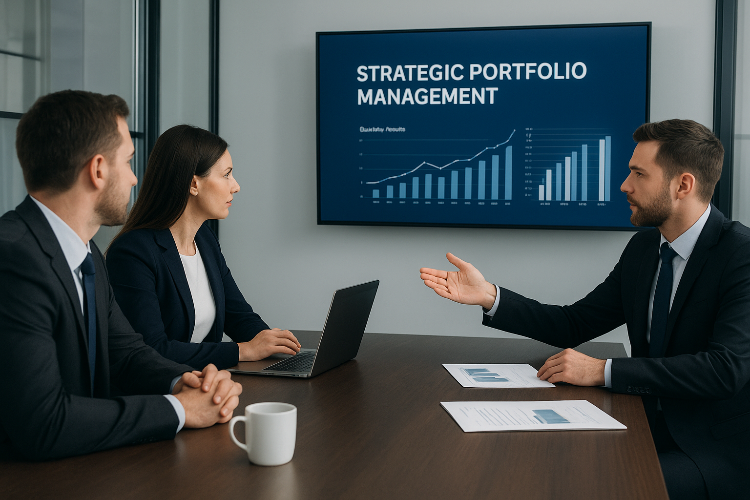 Business meeting with four people discussing strategic portfolio management, with a large screen displaying charts and graphs