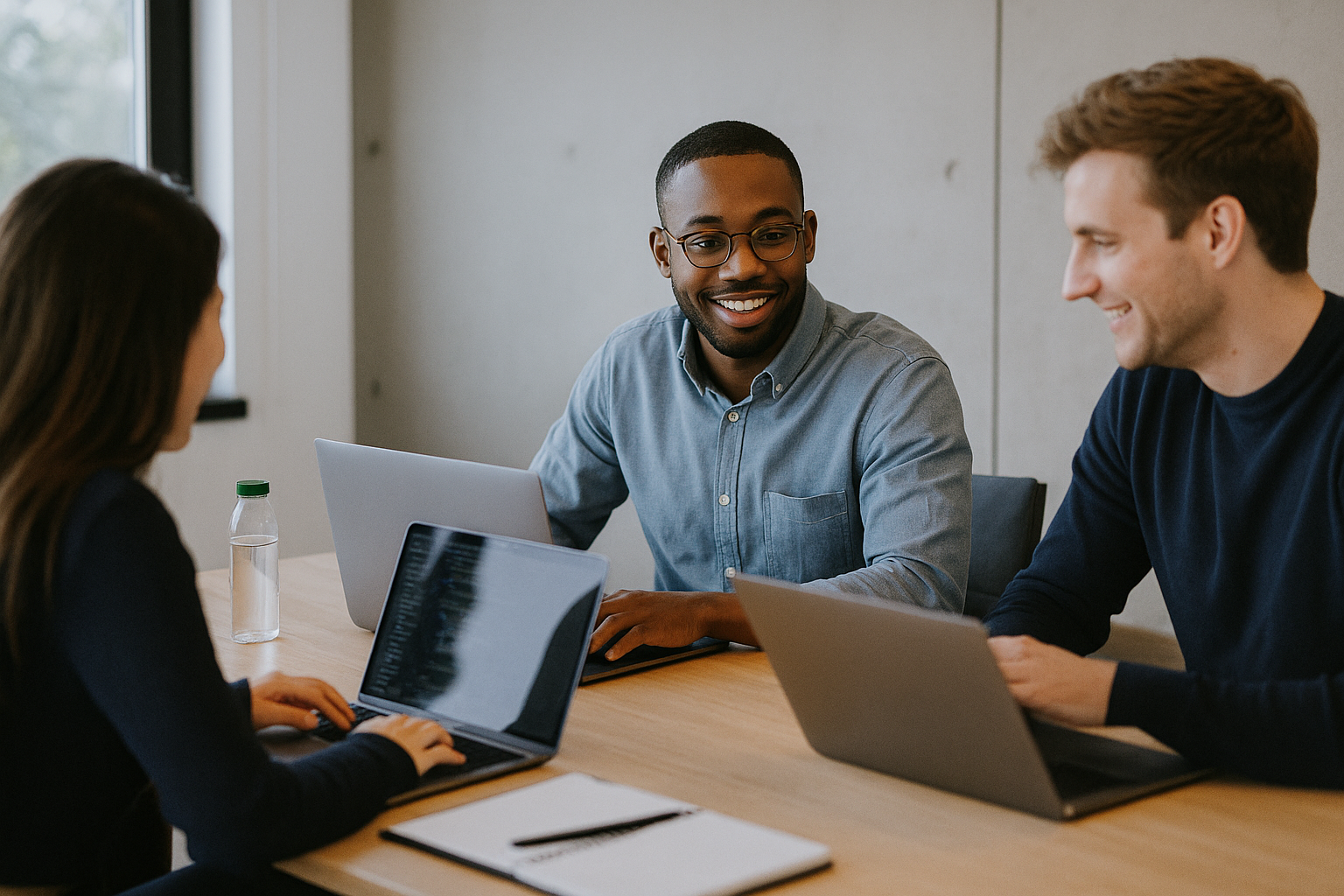 Three people working together at a table with laptops, in a meeting or discussion, smiling and engaging.