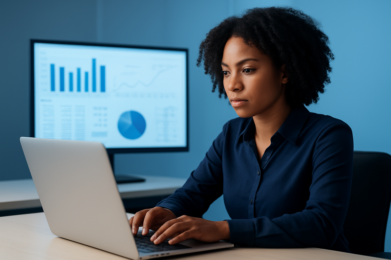 A woman working on a laptop in an office, with a monitor displaying data charts and graphs in the background.
