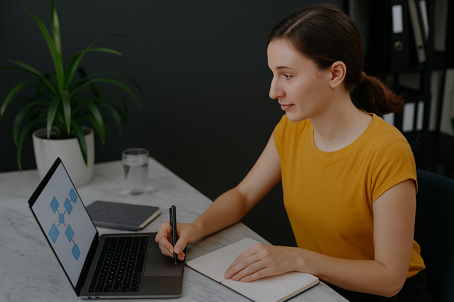 Woman in yellow shirt working with a stylus tablet and laptop at a marble desk with a notebook, a glass of water, a potted plant, and a closed book.