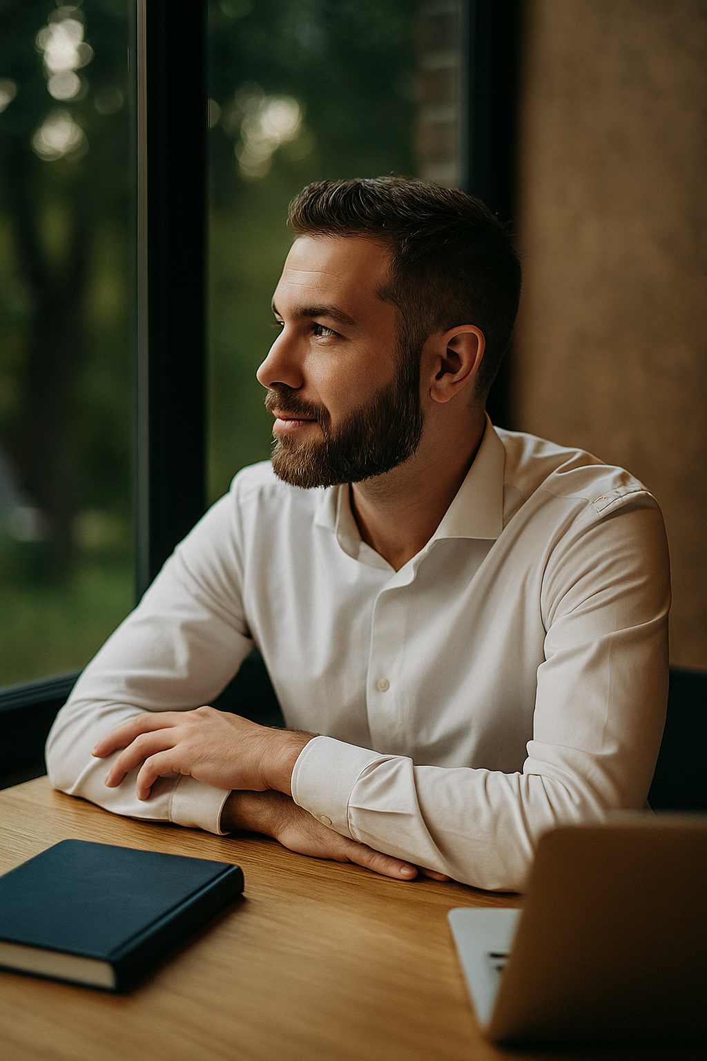 A man with a beard and short hair sitting at a wooden table, looking out the window with trees outside, wearing a white dress shirt.
