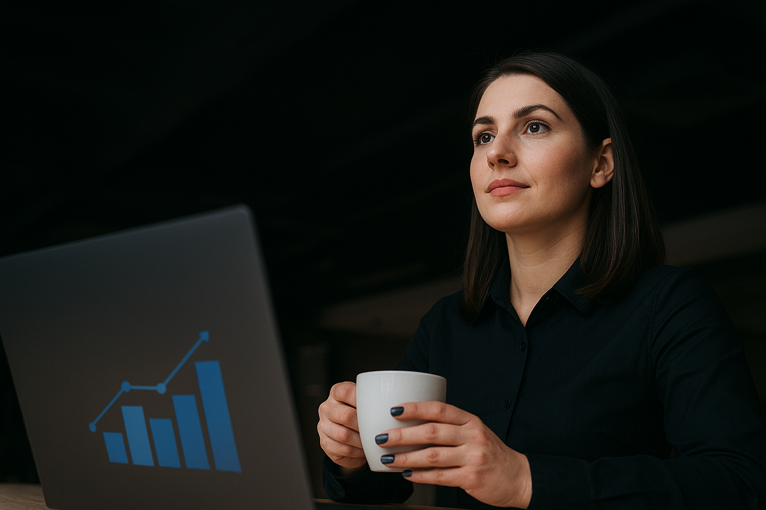 Woman sitting at a desk holding a white mug, with a laptop displaying a blue bar chart with an upward trend in front of her.