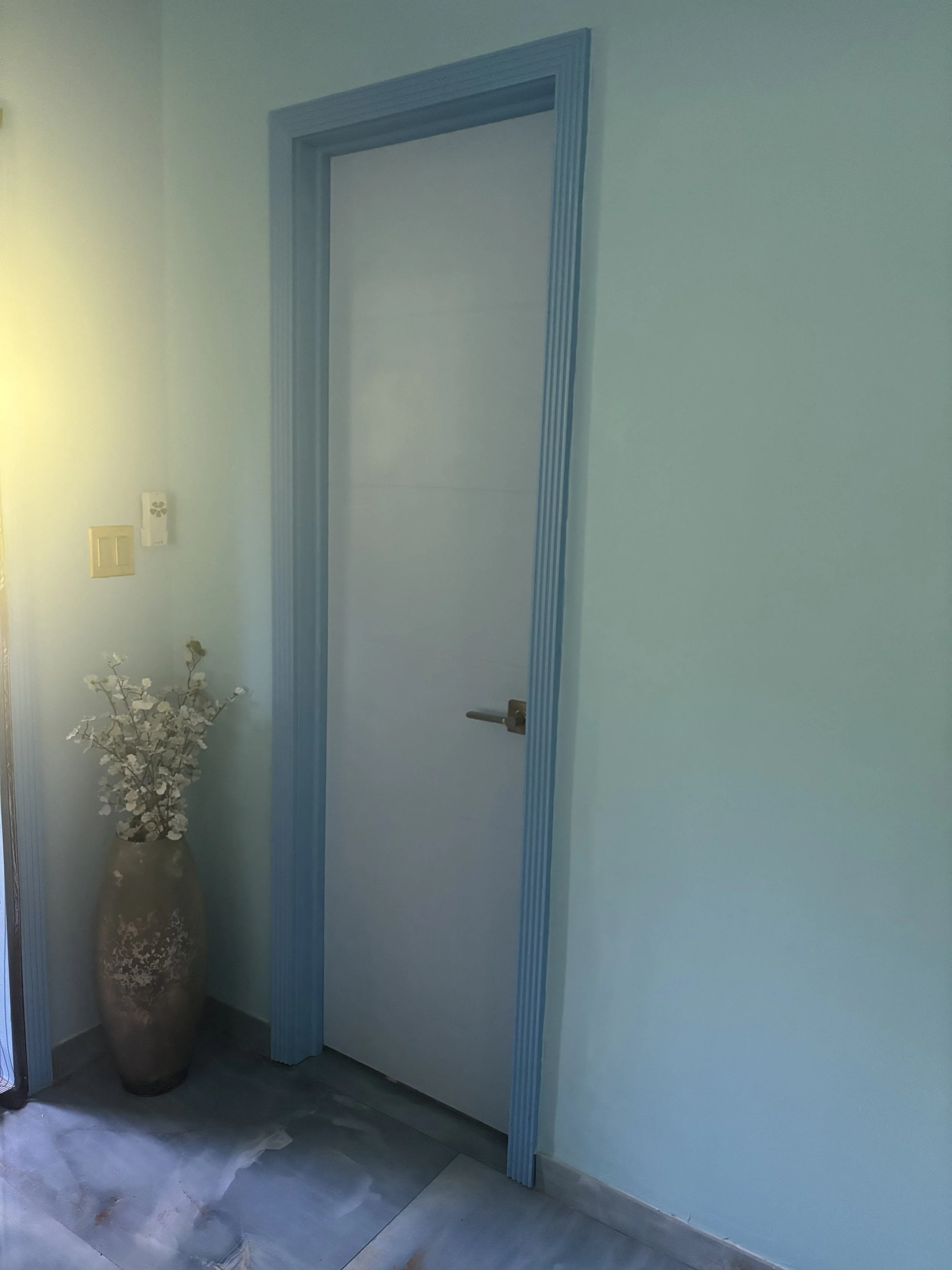 A white door with blue trim in a light-colored wall, next to a large vase with white artificial flowers.