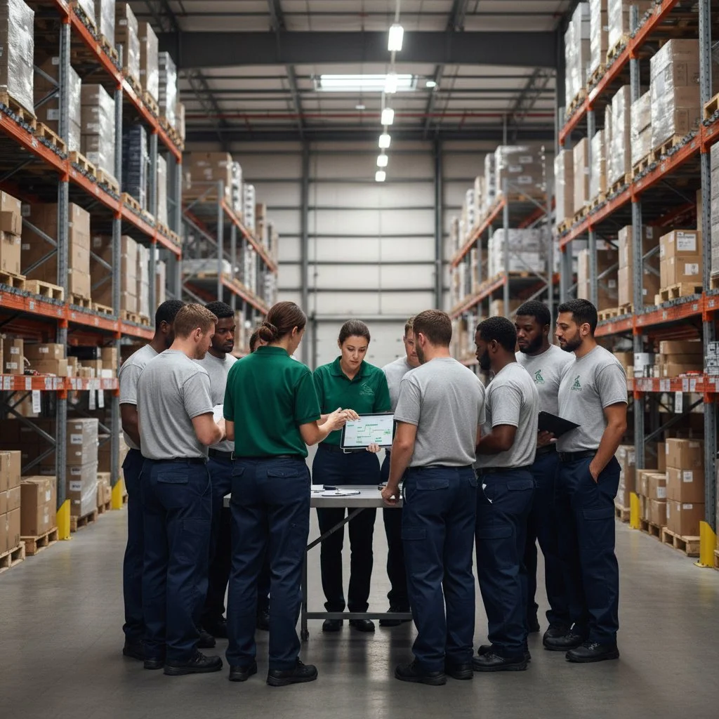 A group of warehouse workers gathered around a table, reviewing a clipboard and a tablet, inside a large warehouse with shelves stocked with boxes.