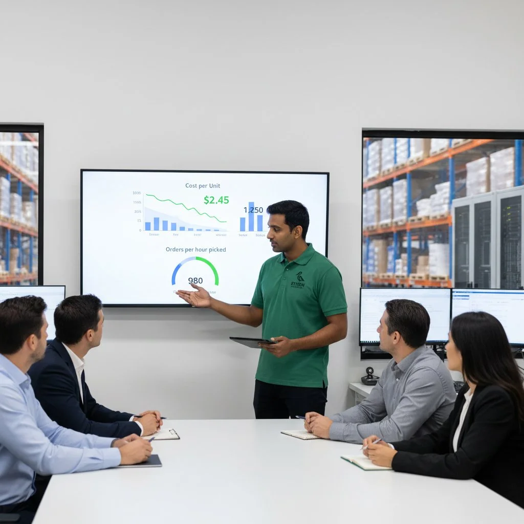 A man in a green polo shirt presenting data on a large screen to a group of five seated professionals in a conference room, with warehouse shelves visible through two windows behind them.