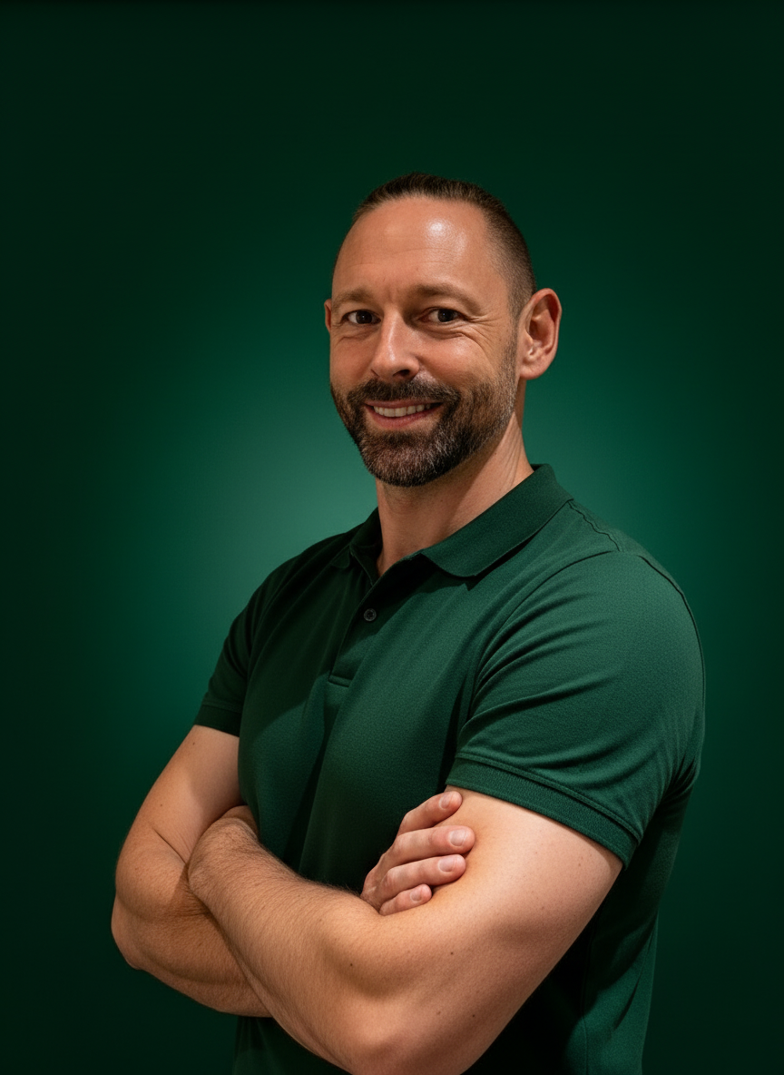 Portrait of a smiling man with a beard and mustache, wearing a dark green collared shirt, against a dark green background.