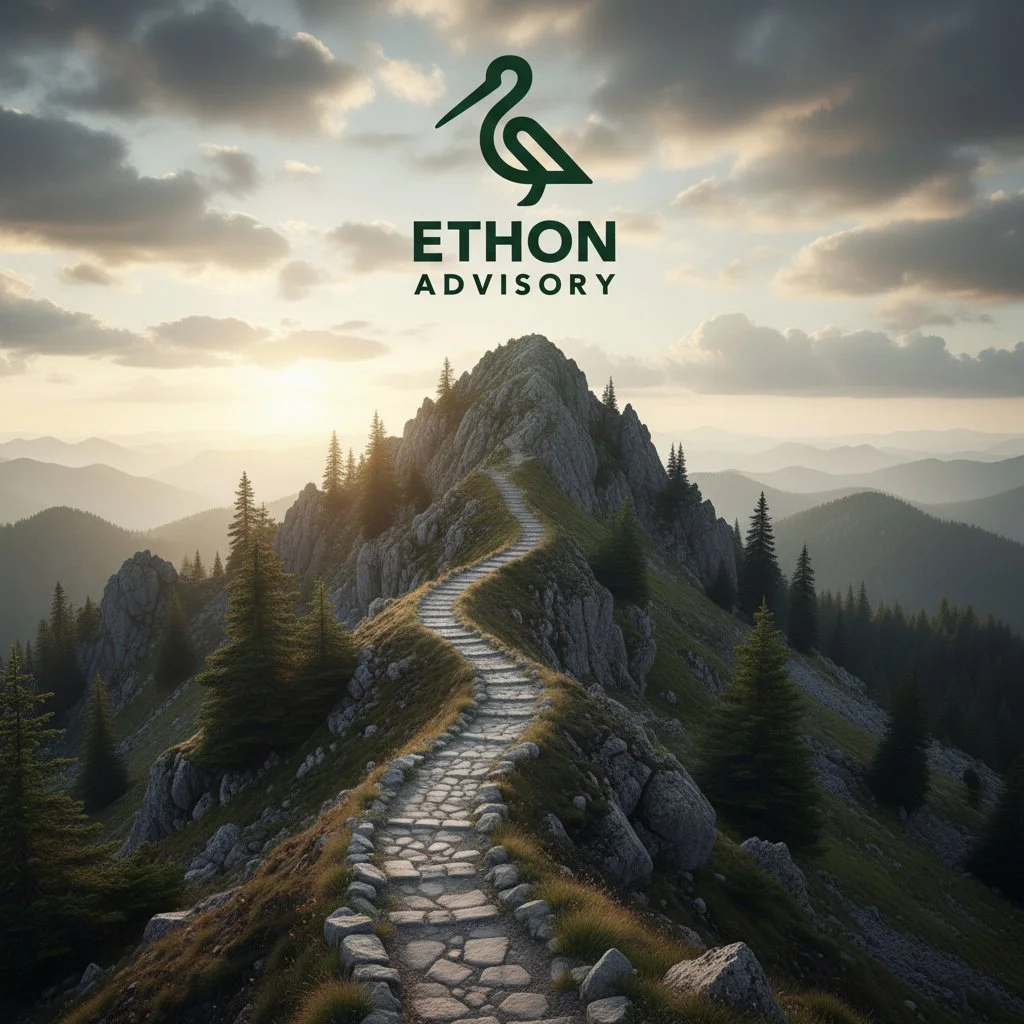 A mountain trail with stone steps winding up a rocky, green mountain, surrounded by pine trees, under a cloudy sky, with a logo of a white ibis bird and the text 'ETHON ADVISORY' at the top.