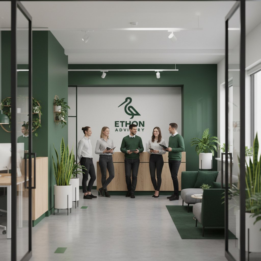 Business professionals in casual attire standing and conversing in a modern office lobby with green and white decor, potted plants, and a reception desk with the 'Ethon Advisory' logo on the wall.