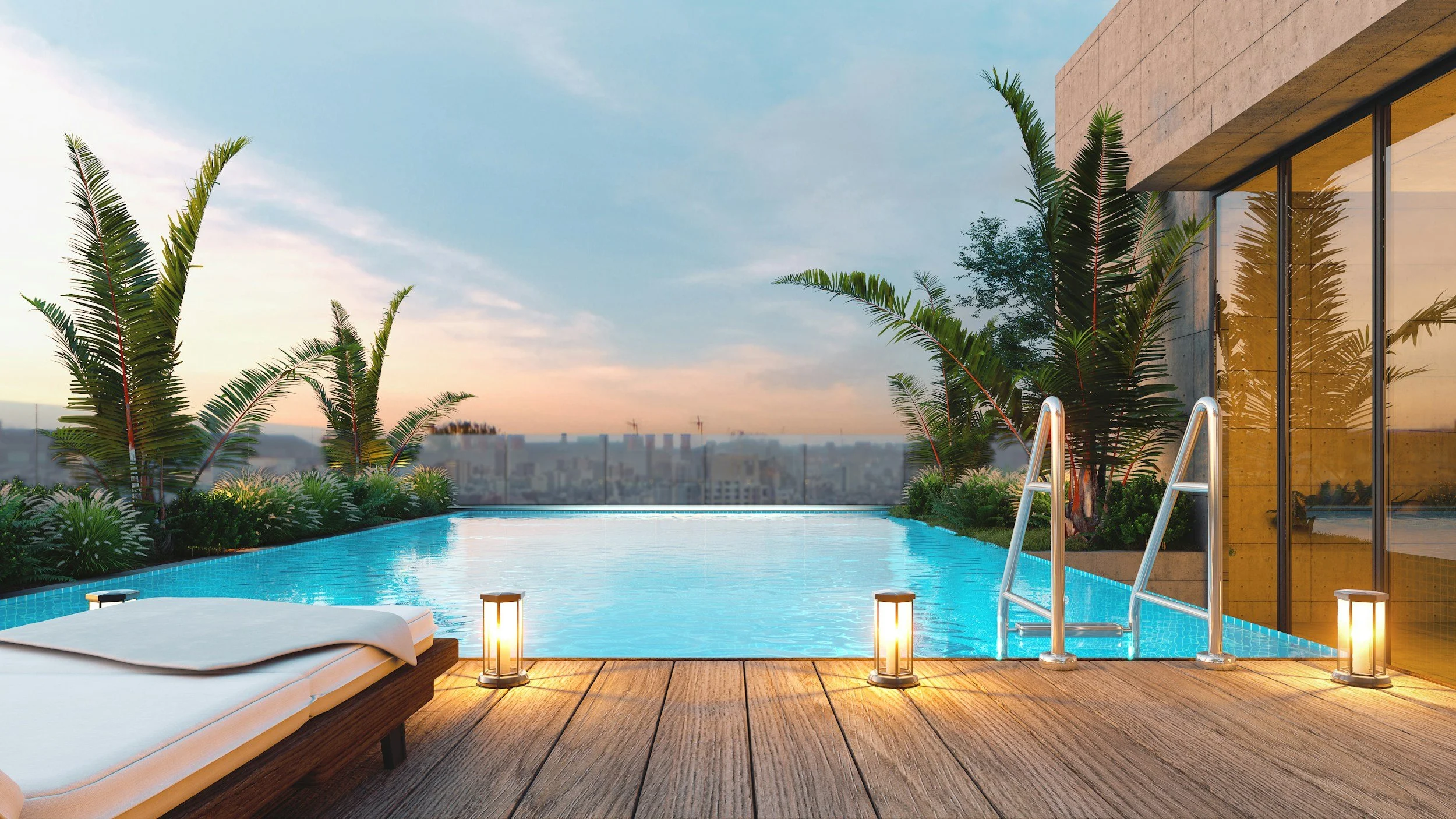 Luxury rooftop infinity pool with city skyline view at sunset, surrounded by tropical plants and outdoor seating.
