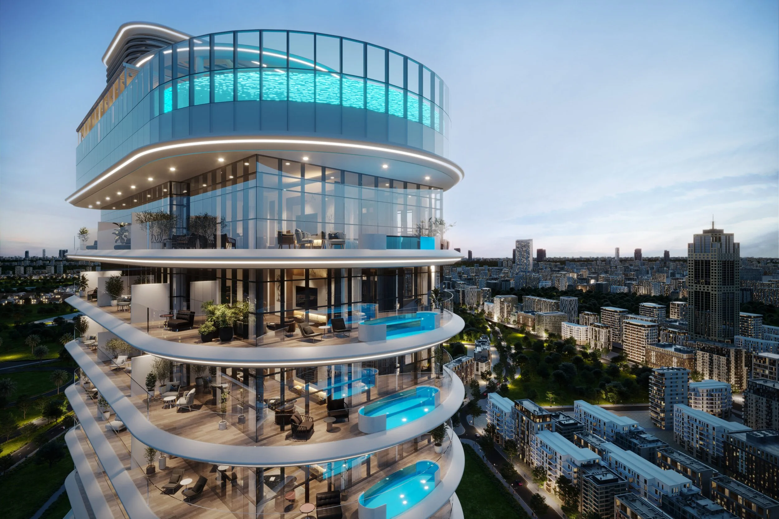 A modern multi-story residential building with glass balconies and heated pools on each floor, overlooking a cityscape at dusk.