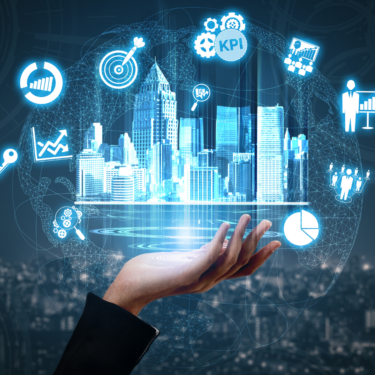 A digital illustration showing hand holding a holographic cityscape with skyscrapers, surrounded by icons representing business, analytics, and technology, over a city skyline background.