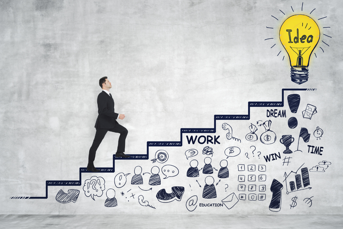 A business man in a suit climbing stairs drawn on a wall, with icons and words representing progress from education, work, and dreams to an idea, including a lightbulb with the word 'Idea' at the top.