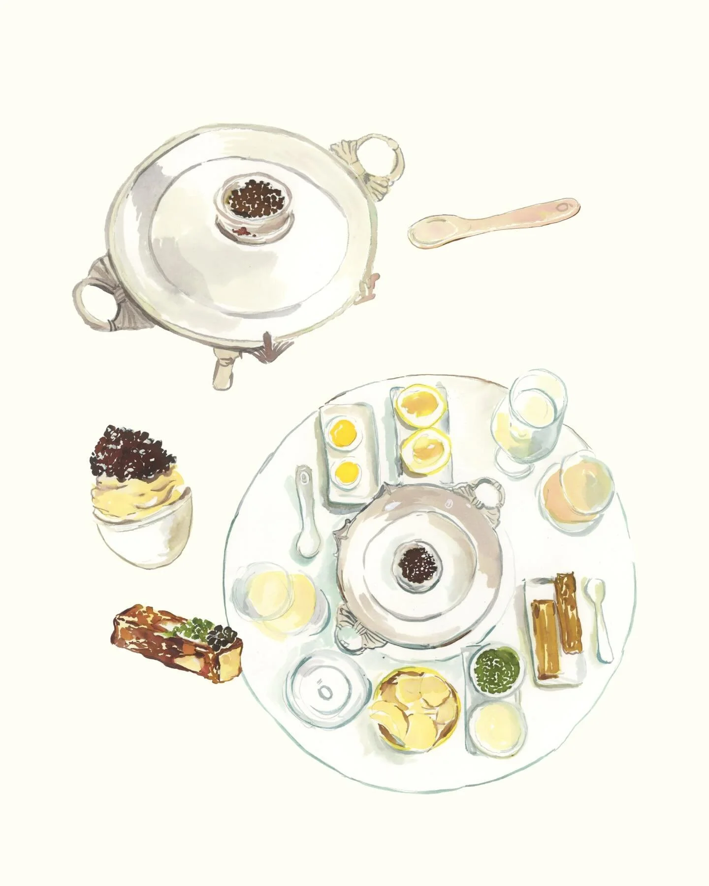 My NY plans include attempting a much less elegant version of this at home tonight &mdash; stay tuned 🥂 Illustrated these a few years ago for the lovely Caviar Bar at Zero George.