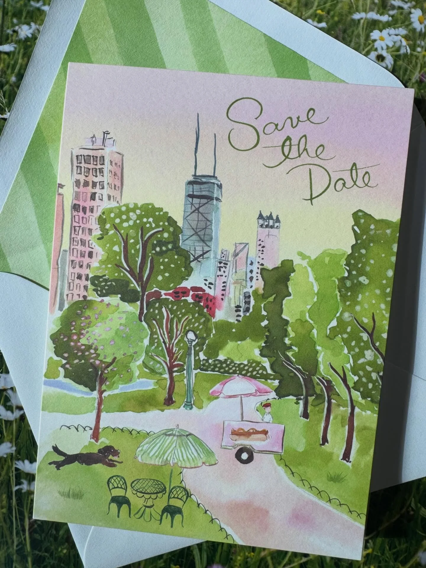 A custom illustrated Save the Date for one of our most loved cities. Chicago couples, you have our hearts 💚