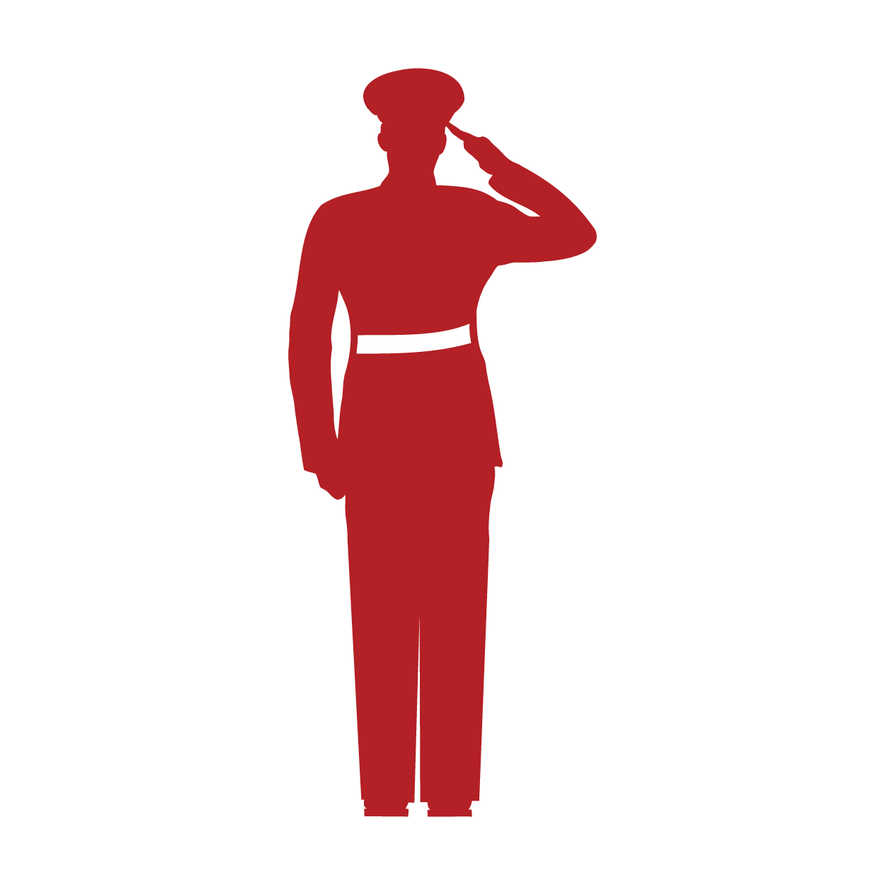 Silhouette of a woman in a dress saluting while wearing a military-style hat.