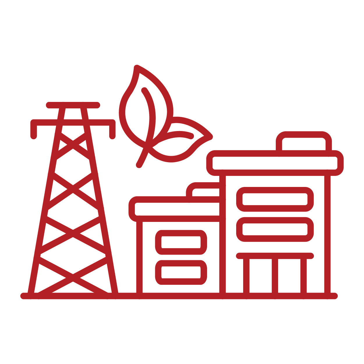 Line drawing of an oil rig, a factory, and a leaf, representing fossil fuels and renewable energy.