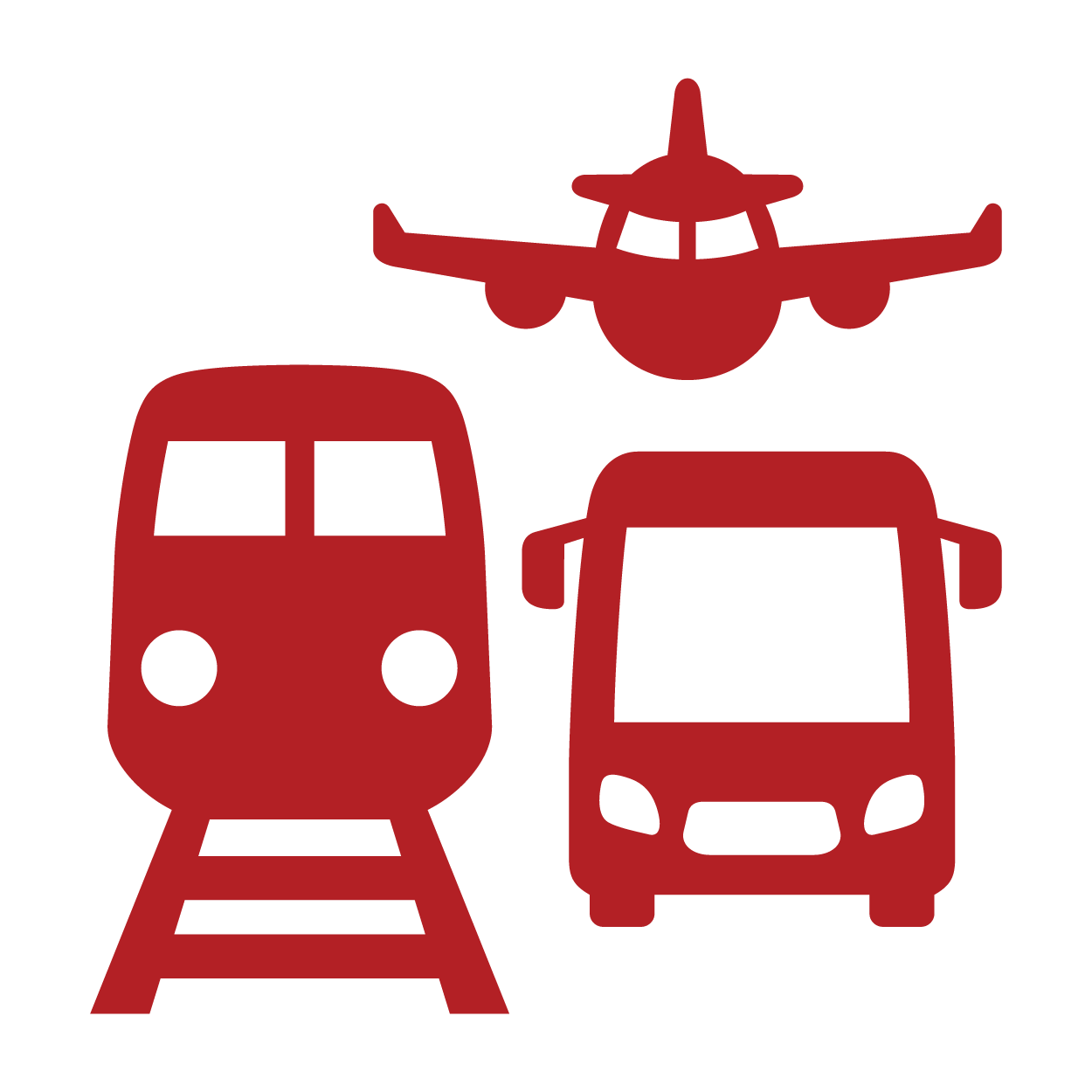 Icons of a train, bus, and airplane in a minimalist, red silhouette style.